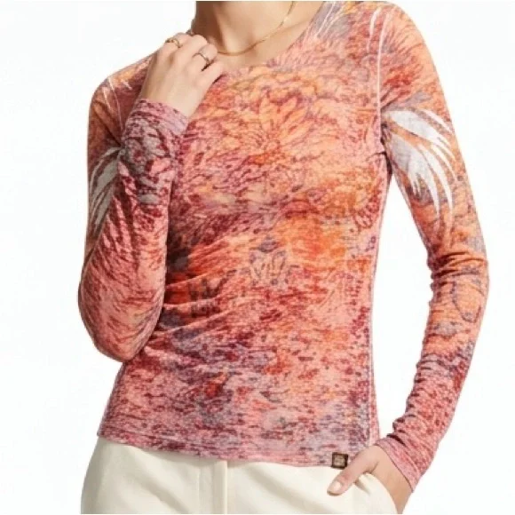 Prana Lottie Burnout Long Sleeve Top - Multi Pink Orange Boho Graphic Size M - Picture 1 of 6